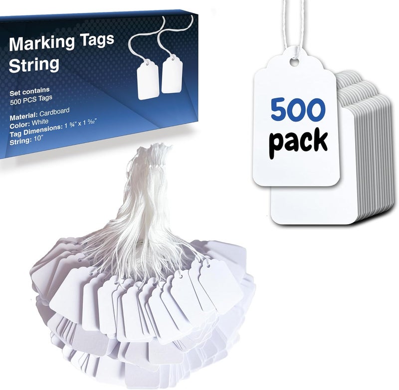 Easytwelve - 500 Pcs White Price Tags with String Attached, Hang Tags for Product, Labeling 1.75 x 1.093 inch - Image 1